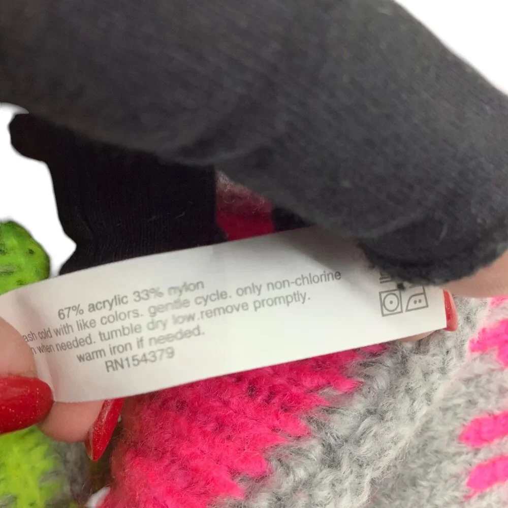 Aeropostale Gray Knit Pom Beanie‎ Hat Neon Pink Green Fair Isle Pattern NWOT